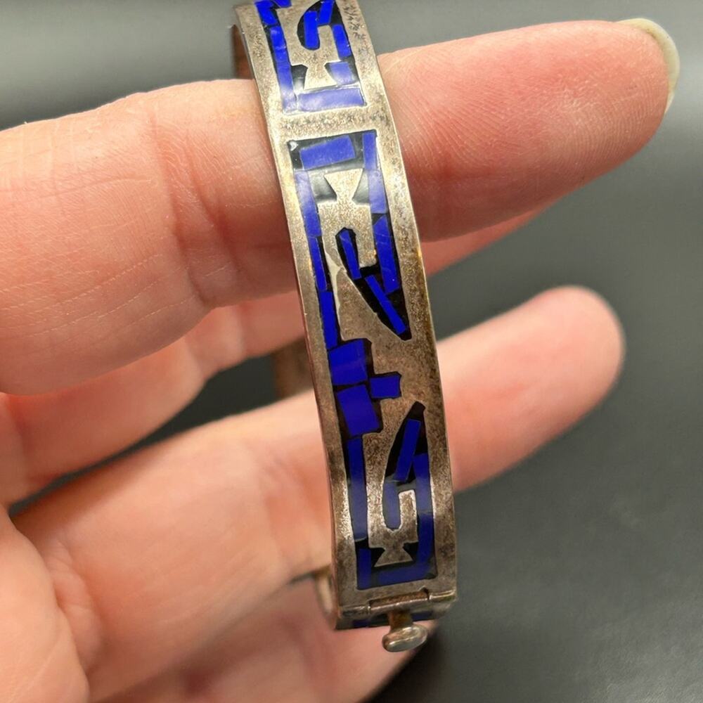 Taxco 925 Sterling Silver inlay hinged bangle bracelet #437 Stunning! - Picture 6 of 12